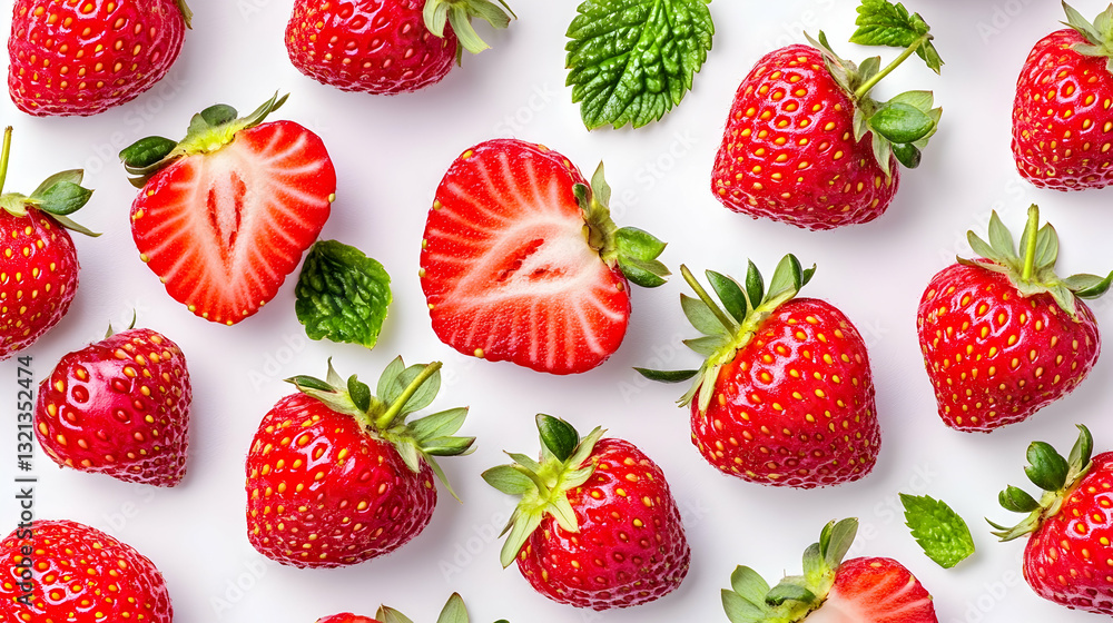 Ripe strawberries and mint leaves arranged on a white background Ripe strawberries and mint leaves arranged on a white background
