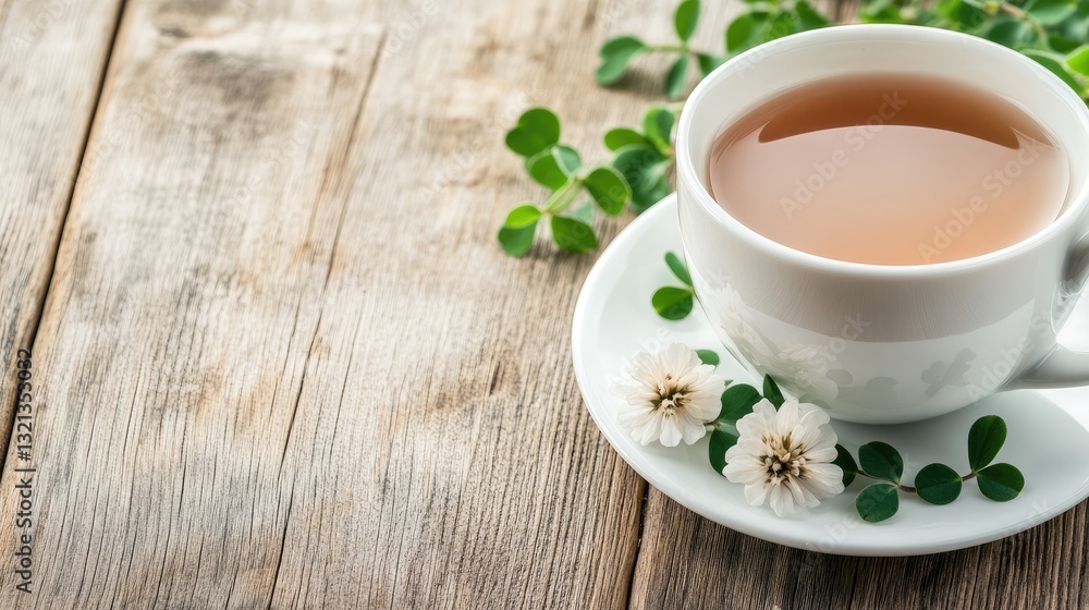 Closeup of herbal tea with clover floating on top, placed on wooden surface, highlighting a traditional Indian drink for wellness Closeup of herbal tea with clover floating on top, placed on wooden surface, highlighting a traditional Indian drink for wellness