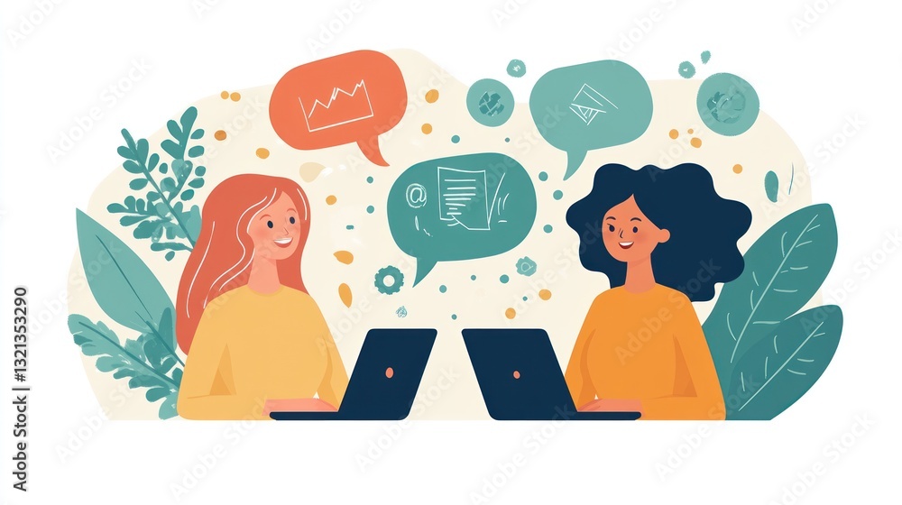 Fototapeta premium Happy Women Collaborating Online Laptops Green Leaves Background
