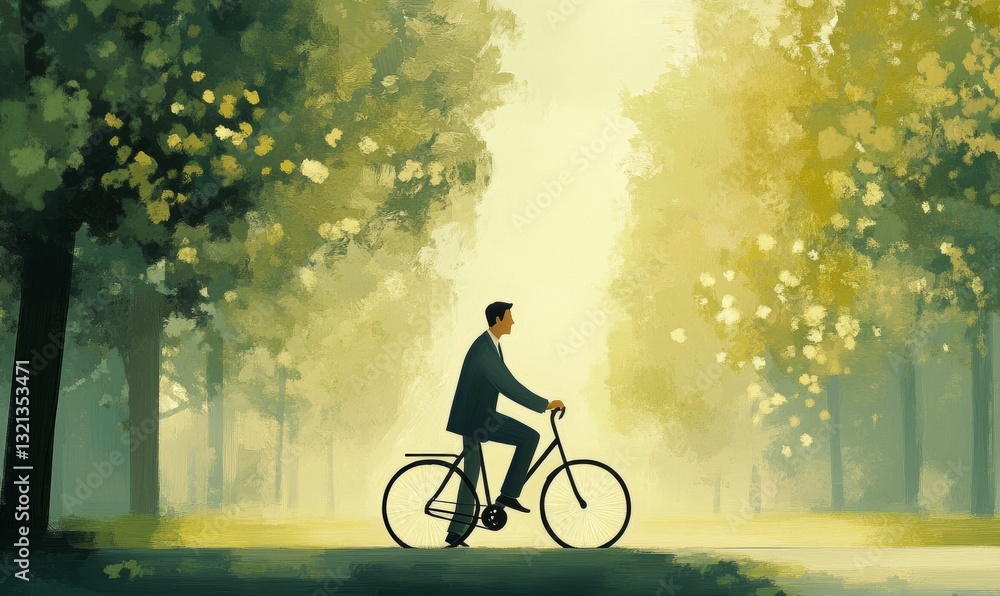 Obraz premium Man rides bike through sunlit forest trees.