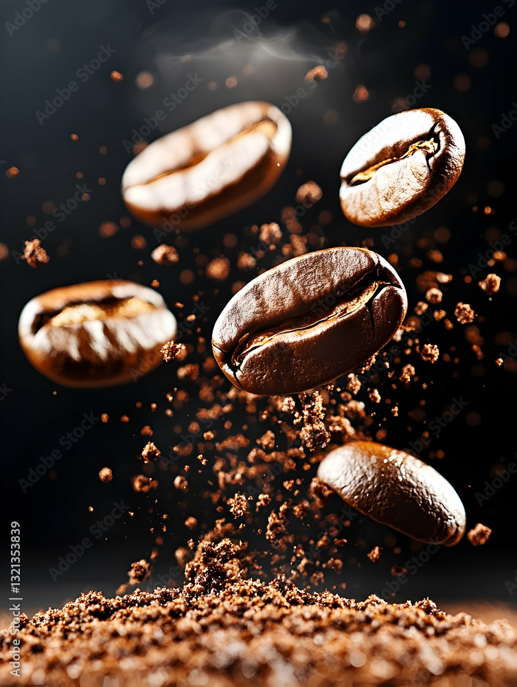 Roasted coffee beans falling onto ground coffee Roasted coffee beans falling onto ground coffee