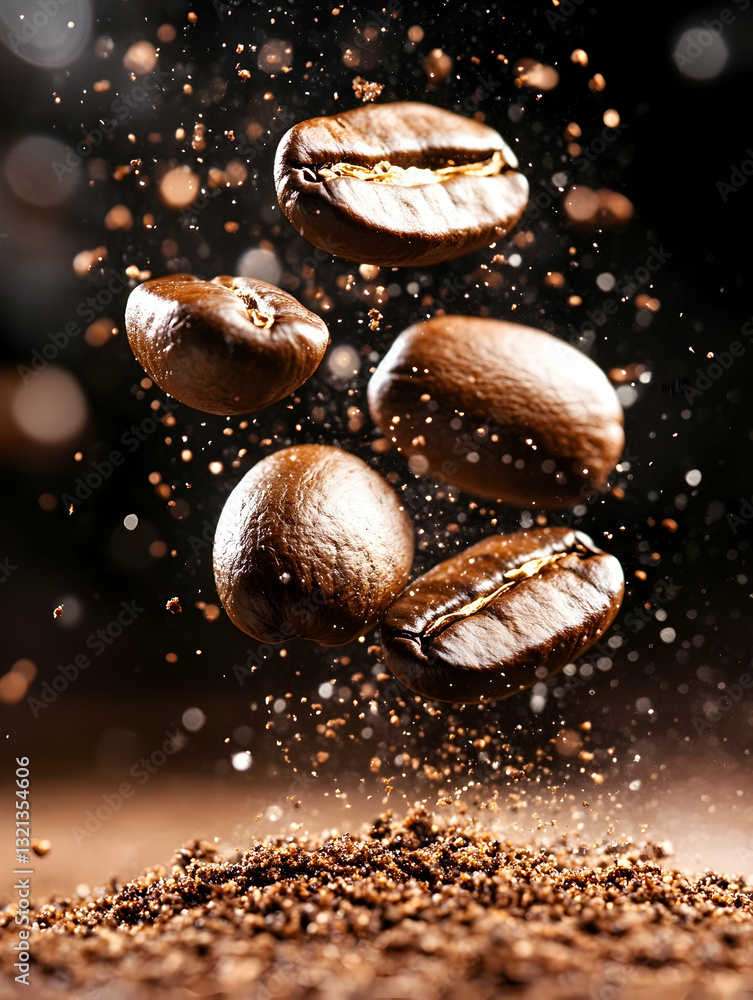 Roasted coffee beans in mid-air falling onto ground coffee Roasted coffee beans in mid-air falling onto ground coffee