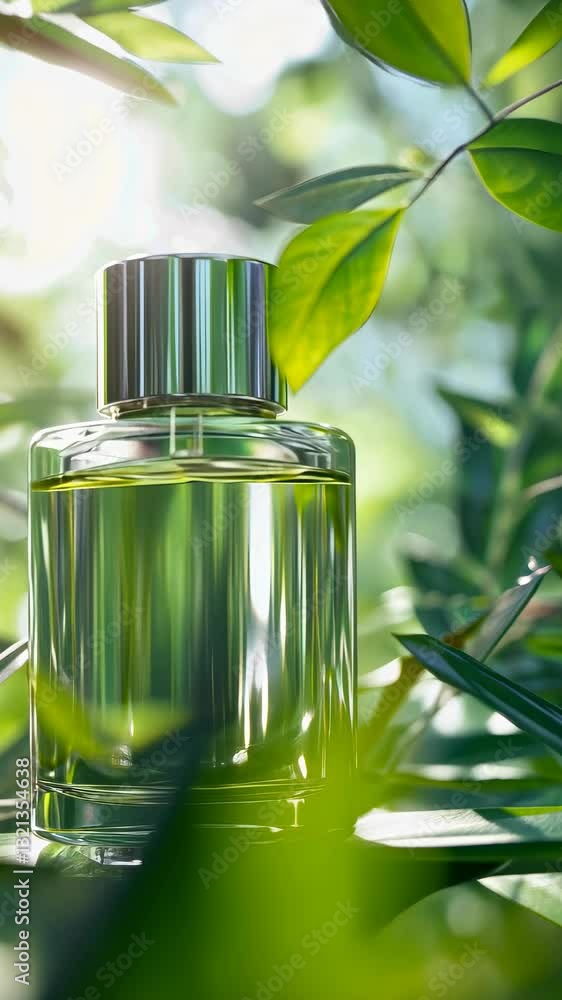 Elegant glass perfume bottle surrounded by lush green leaves in sunlit garden setting, 4k video Elegant glass perfume bottle surrounded by lush green leaves in sunlit garden setting, 4k video
