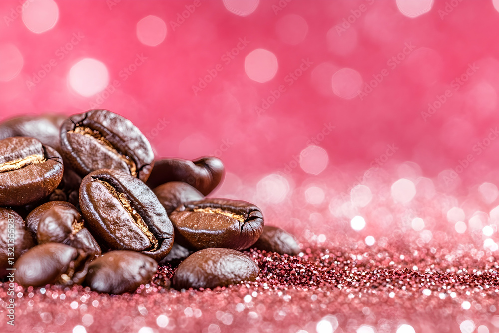 Roasted coffee beans on pink glitter Roasted coffee beans on pink glitter