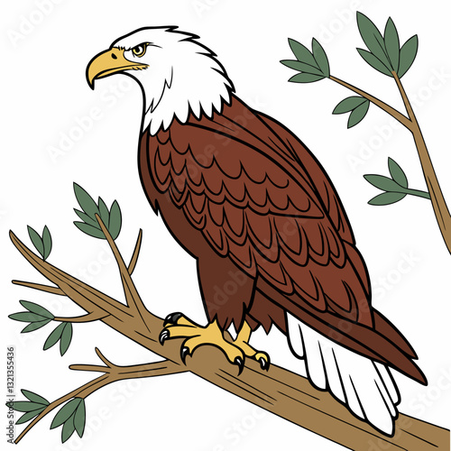 Eagle perched on a branch in the woods surrounded by nature and wildlife
