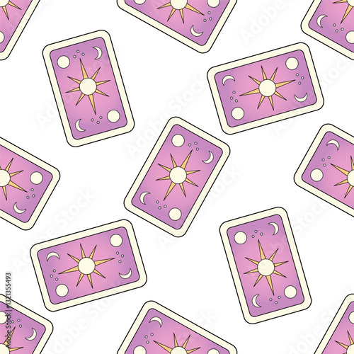 Hand drawn seamless pattern with mystical tarot cards in pastel colors