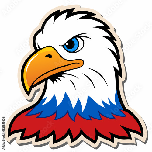 Cartoon illustration of an American bald eagle head with detailed feathers, sharp beak, and intense eye, symbolizing freedom and wildlife