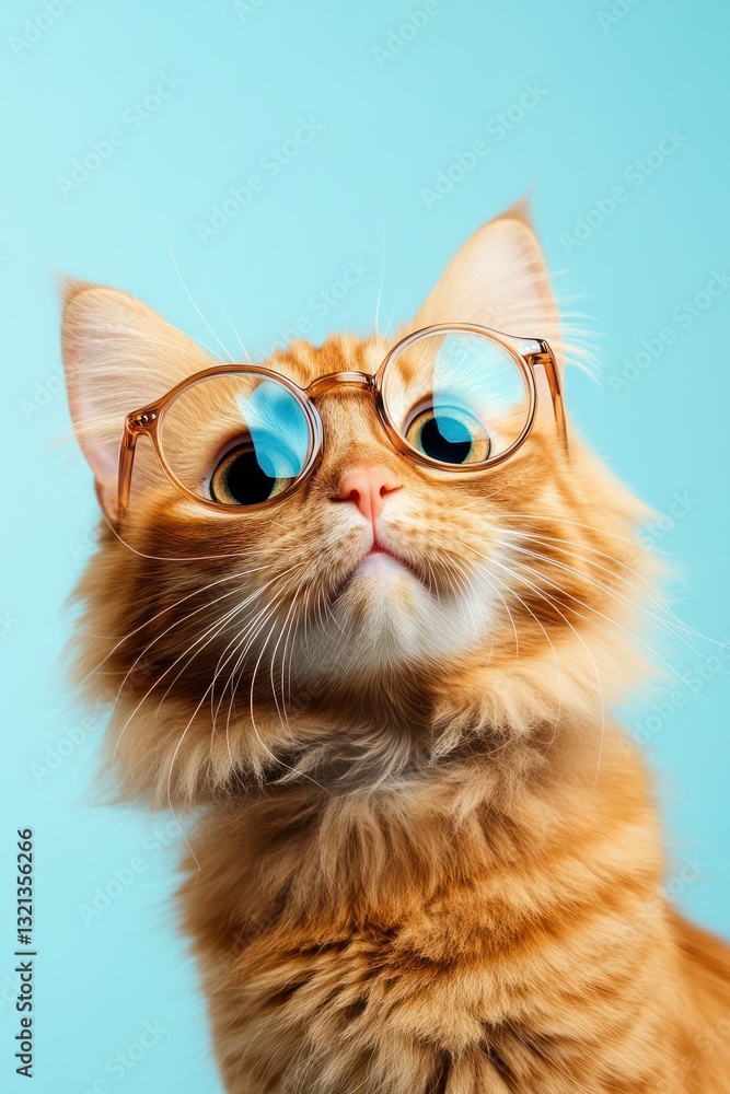 Studious ginger cat wearing glasses against blue backdrop Studious ginger cat wearing glasses against blue backdrop