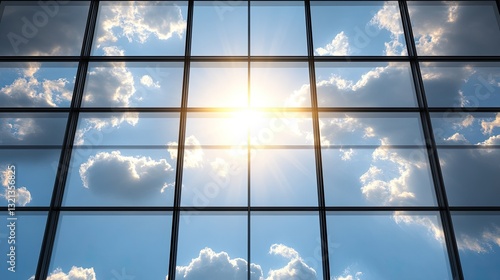 Sunlight streams into a glass building, reflecting and brightening the space beneath a vibrant blue sky with fluffy clouds