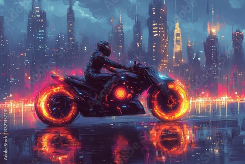 A futuristic motorcycle with glowing wheels is depicted in a stylized digital painting, traversing a waterfront cityscape at night. The rider is clad in dark, protective gear photo