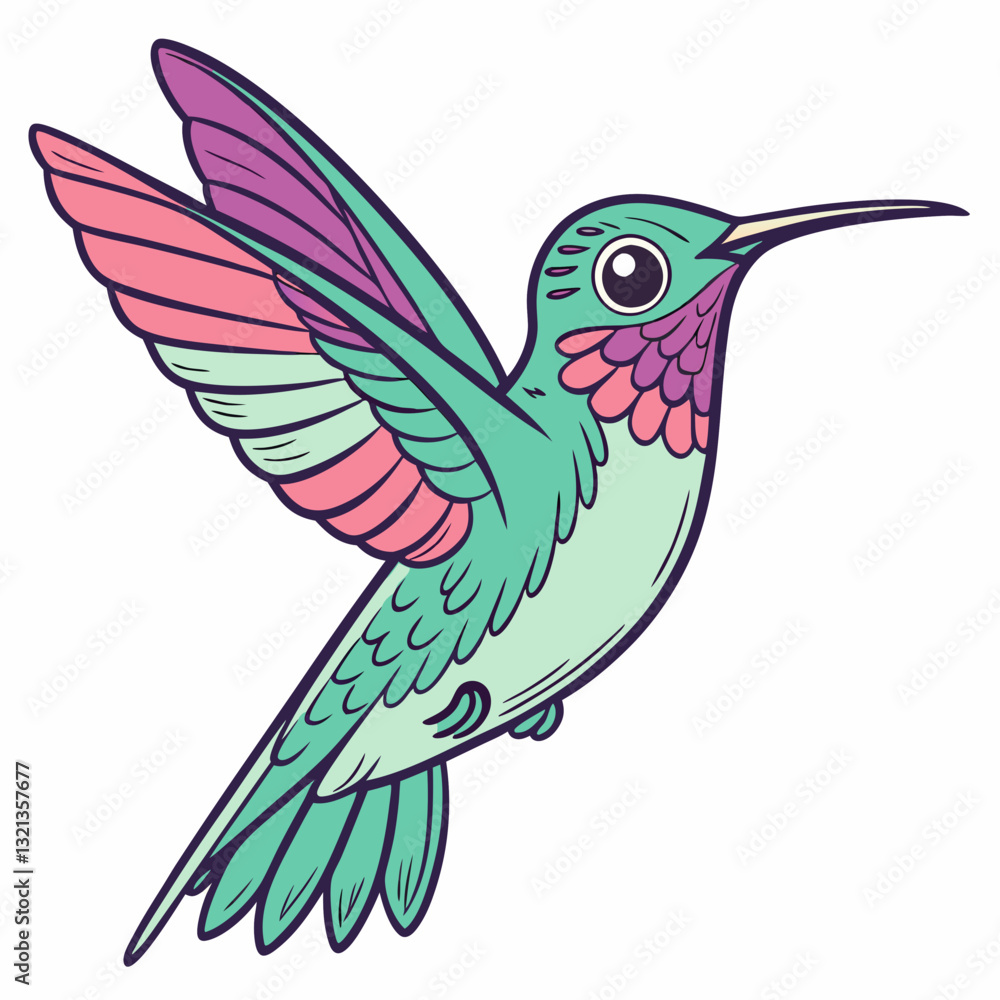 Fototapeta premium Colorful hummingbird flying near vibrant flowers in a tropical design, with detailed wings and beak, symbolizing wildlife and nature