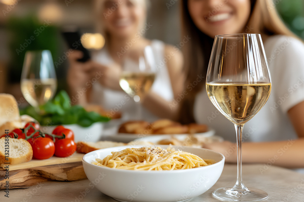a group of friends enjoying pasta and wine at home, a group of friends enjoying pasta and wine at home,