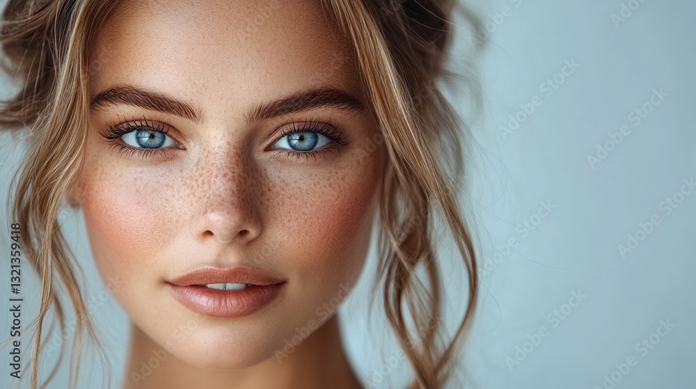 Naklejka premium A woman with blue eyes and light brown hair is smiling