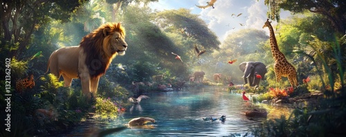 A vibrant jungle scene featuring various African wildlife animals