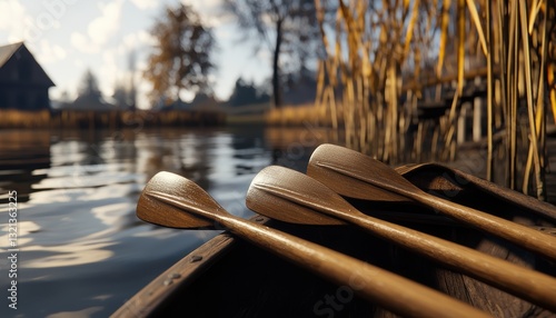 Rowboat oars on a pier, with still water and reeds, brown in a peaceful rowing scene
