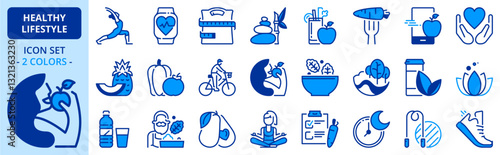 Icons in two colors about healthy lifestyle