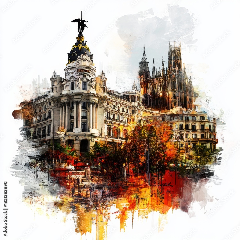 Fototapeta premium A vibrant artistic depiction of Madrid's iconic architecture and landmarks