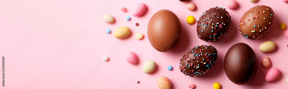Obraz premium Easter-themed image featuring chocolate eggs and candy on a pink background, photographed in a flat lay style.