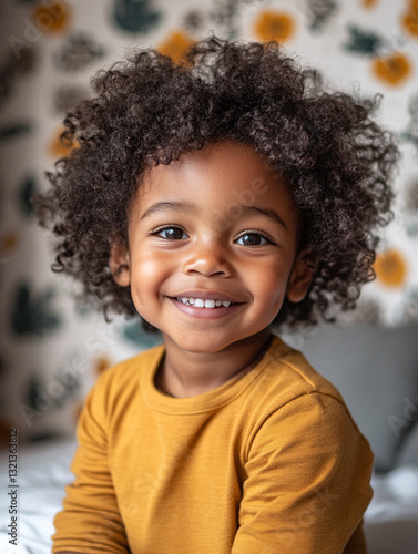 Wallpaper Mural Child with curly hair smiles joyfully indoors Torontodigital.ca
