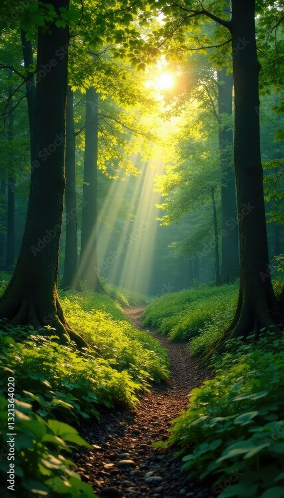 Fototapeta premium Forest clearing with sunlight peeking through, greenery, landscape