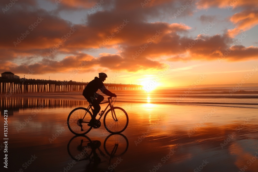 Fototapeta premium Bicyclist enjoys sunset ride along the beach reflecting on tranquil ocean waters