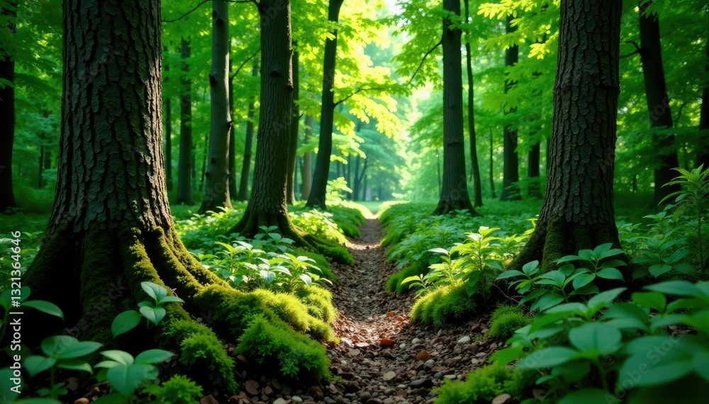 Obraz premium Forest floor foliage with grey camouflaged tree trunks, trees, leafy greens