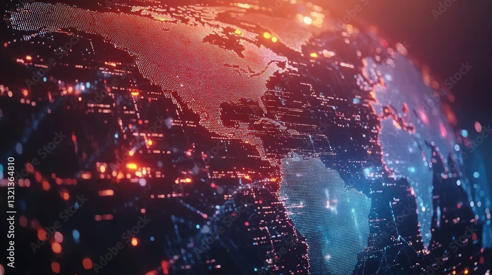 Abstract representation of a digital globe showcasing interconnected data points and vibrant light trails over continents Abstract representation of a digital globe showcasing interconnected data points and vibrant light trails over continents
