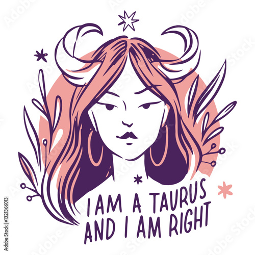 Taurus Zodiac Art: An illustrated portrayal of the Taurus zodiac sign, featuring a stylized depiction of a woman with horns, accompanied by floral elements.