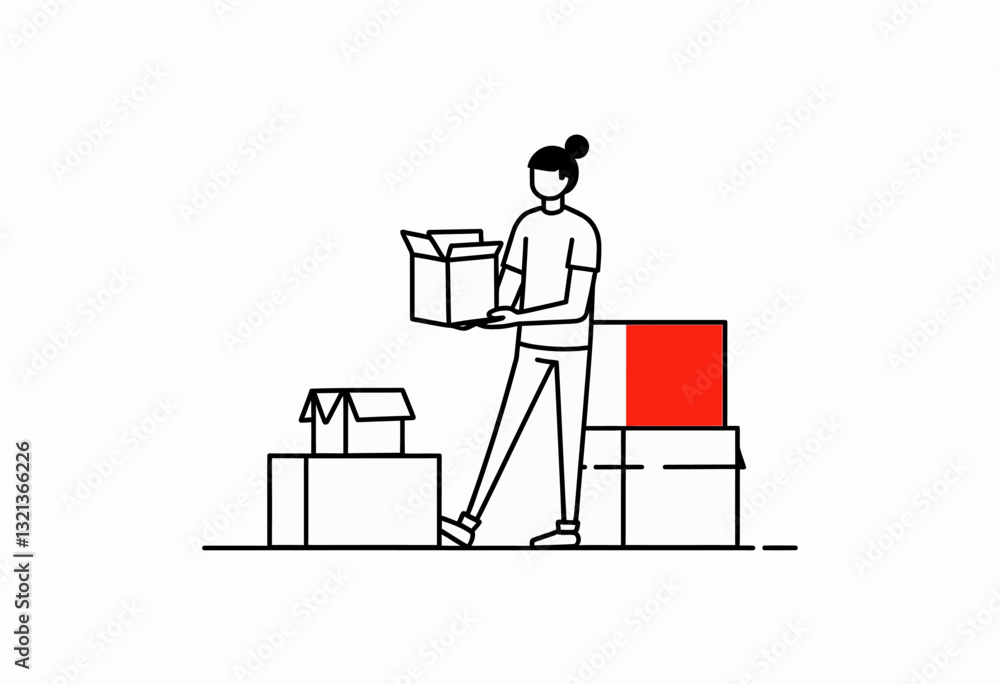 Efficiency in Illustration: A Person Packs Items into Clearly Defined Boxes, with One Red Box for Impact, All Set Against a Clean and Uncluttered White Background.
Efficiency in Illustration: A Person Packs Items into Clearly Defined Boxes, with One Red Box for Impact, All Set Against a Clean and Uncluttered White Background.