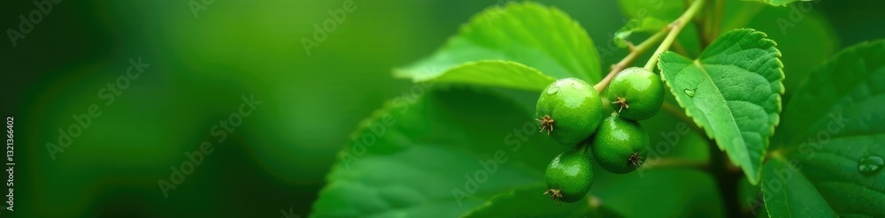 Green leafy plant with small green berries and dew drops, botany, botanicals Green leafy plant with small green berries and dew drops, botany, botanicals