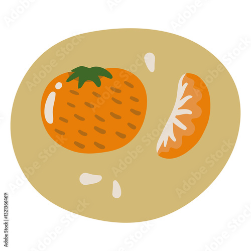 Delicious Orange: An illustration showcasing a vibrant orange fruit, a segment of the fruit, and a few seeds. Representing the fresh and sweet taste of citrus