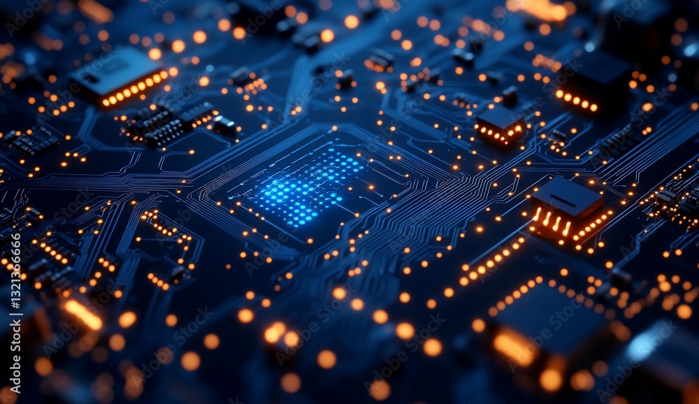 Obraz premium Illuminated circuit board, microchips, technology background for engineering use