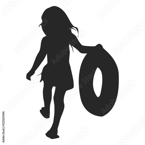 Silhouette Girl with Swim Ring: A playful silhouette of a young girl cheerfully carries a swim ring. A simple yet heartwarming scene.