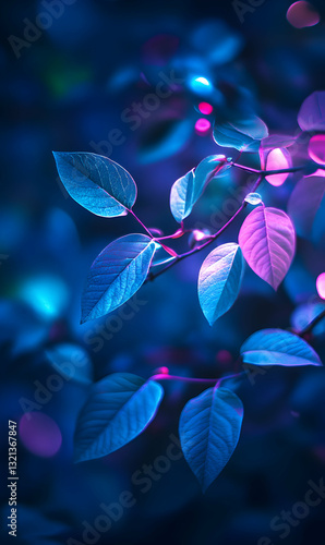 Leaves illuminated by neon light creating an ethereal and mystical visual experience