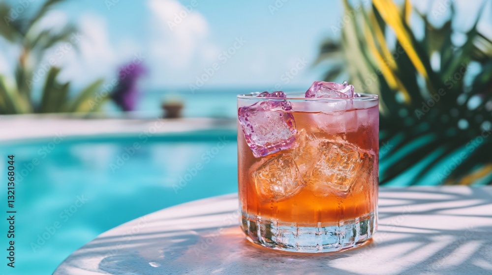 Refreshing spritz with floating lavender ice cubes, elegantly placed on a poolside lounge with a tropical floral backdrop Refreshing spritz with floating lavender ice cubes, elegantly placed on a poolside lounge with a tropical floral backdrop
