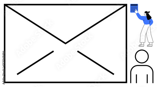 Large outlined envelope next to a figure placing an item into a device, representing communication and organization. Ideal for email, messaging, digital interaction, document management, teamwork