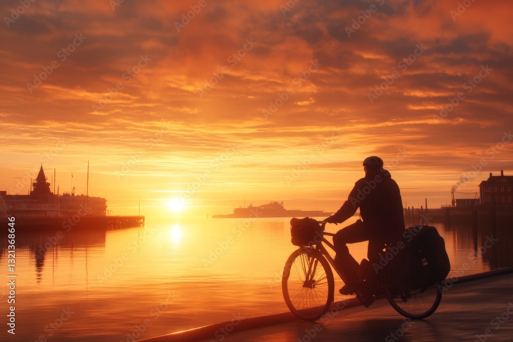 Fototapeta premium Bicyclist enjoys a serene sunrise by the waterfront at dawn in a tranquil coastal town