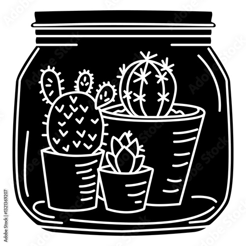 Cactus Terrarium: A stylish terrarium featuring a variety of cacti, encased within a glass jar, demonstrating a trendy, low-maintenance approach to interior decoration.