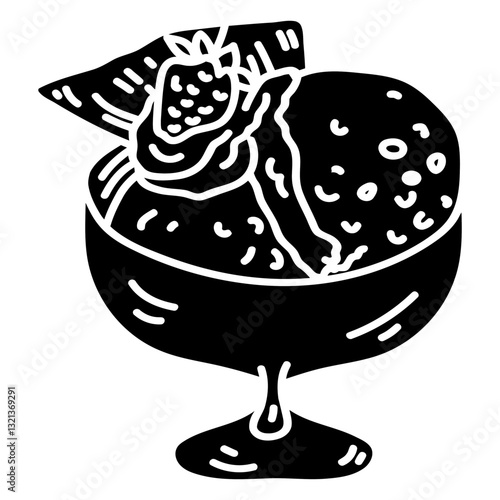 Ice Cream Delight: An inviting ice cream sundae in a sophisticated glass bowl, garnished with a ripe strawberry and delicate cream, inviting sweetness.