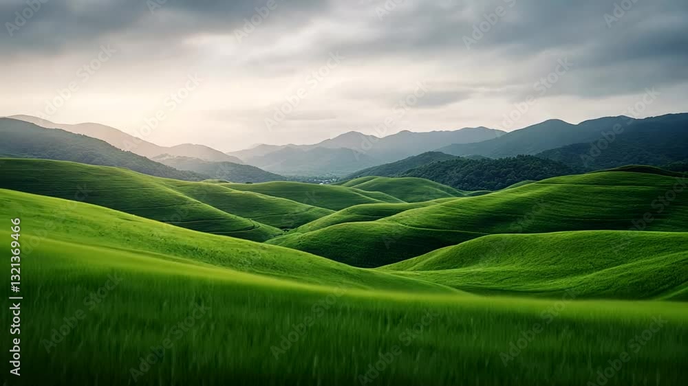 Lush green rolling hills under cloudy sky, serene landscape, nature's tranquility, perfect for Earth Day, peaceful countryside views Lush green rolling hills under cloudy sky, serene landscape, nature's tranquility, perfect for Earth Day, peaceful countryside views