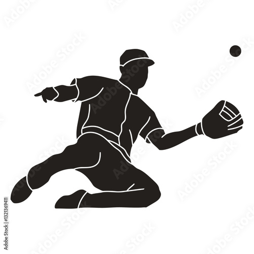 Baseball Player Catching the Ball: A dynamic silhouette of a baseball player leaps through the air to catch a ball, showcasing the agility and skill of the sport.