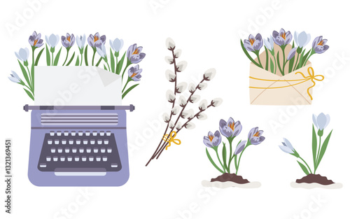 Collection of spring flowers such as crocuses, snowdrops, willow branch