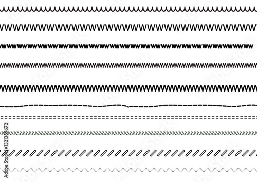 Vector sewing machine stitches. Seamless sewing seam lines pattern for fabric structure. Embroidery cloth edge texture. Stitching seams, stitched sew isolated on white background. Fashion seam brush.