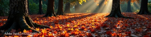 Pine tree's shadow stretches across the forest floor covered in fallen red and orange leaves, forest,