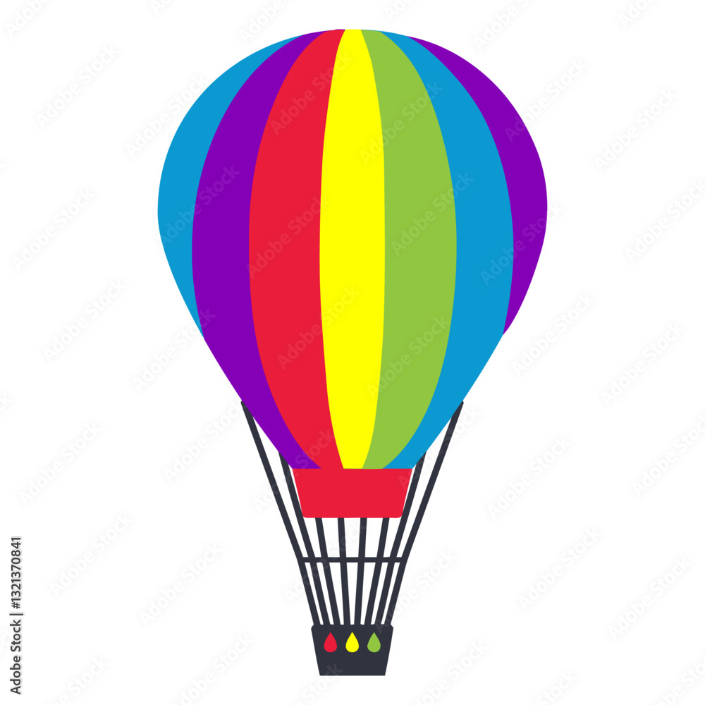 Fototapeta premium Colorful Hot Air Balloon: A vibrant hot air balloon, striped in a spectrum of colors, floats against a clear sky, embodying the spirit of adventure and freedom.
