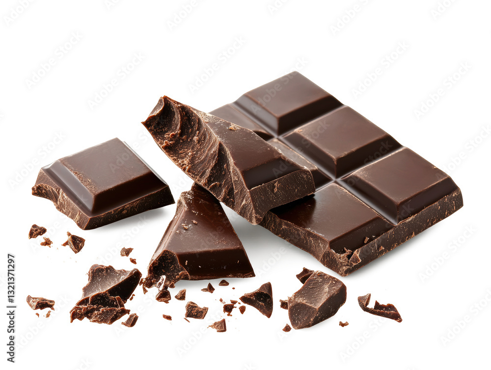 A rich chocolate bar with broken pieces showing creamy texture, ultra-realistic lighting, white background. A rich chocolate bar with broken pieces showing creamy texture, ultra-realistic lighting, white background.