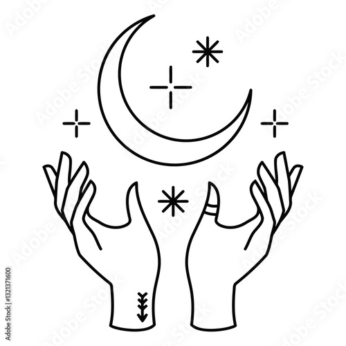 Mystical Embrace: Delicate hands cradle a crescent moon and twinkling stars, evoking a sense of wonder, spirituality, and cosmic connection.