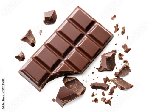 A rich chocolate bar with broken pieces showing creamy texture, ultra-realistic lighting, white background.