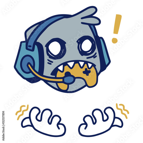 Cartoon Gamer Enthralled: An excited cartoon gamer with intense expression and wears headset, clutching a controller tightly and a visible exclamation mark above his head, against a backdrop.