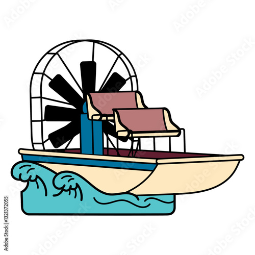 Airboat on Water: A stylized airboat glides over stylized water, the fan propelling it forward with power. Illustrating innovation and adventure. 